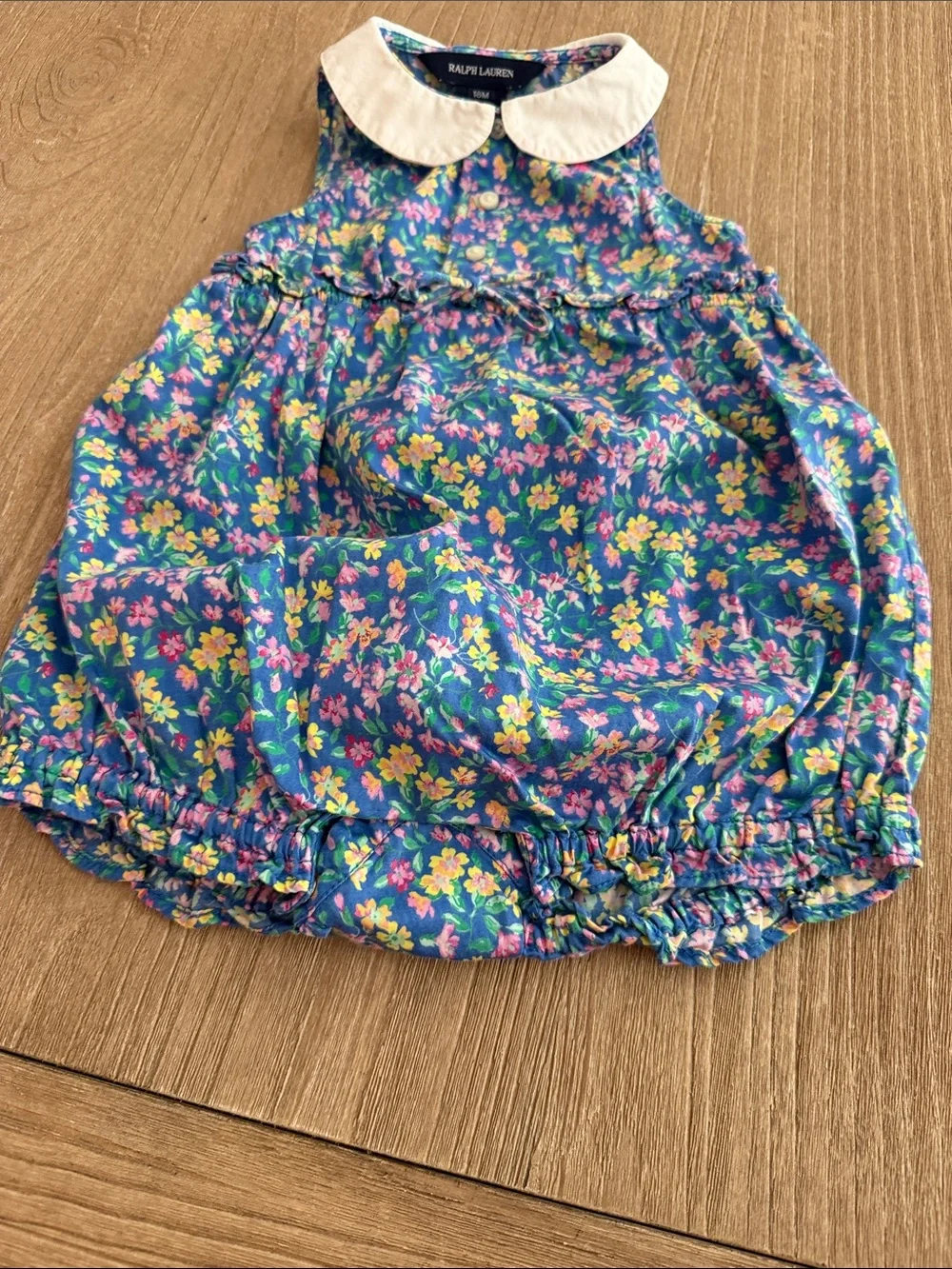 Ralph Lauren Blue Floral Baby Bubble Romper with White Peter Pan Collar